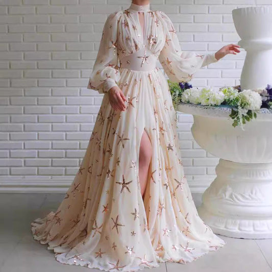 Damen Abendkleid Paillettenbesatz Eleganter Kragen Schwarz - Eveloria