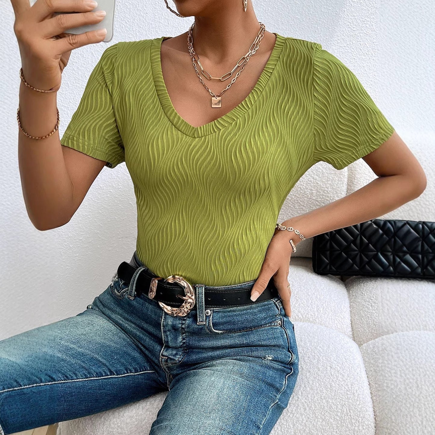 Damen Kurzarmshirt V-Ausschnitt Rippstruktur Eveloria