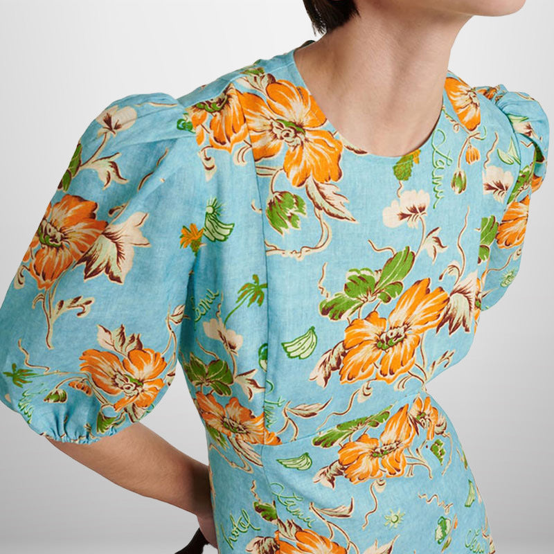 Damen Midikleid Voluminöse Puffärmel Florales Muster Eveloria