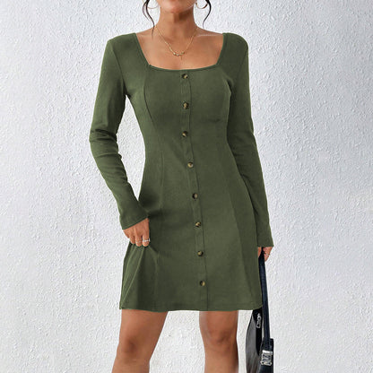 Damen Knopfleiste Kleid Langarm Quadrat-Ausschnitt - Eveloria