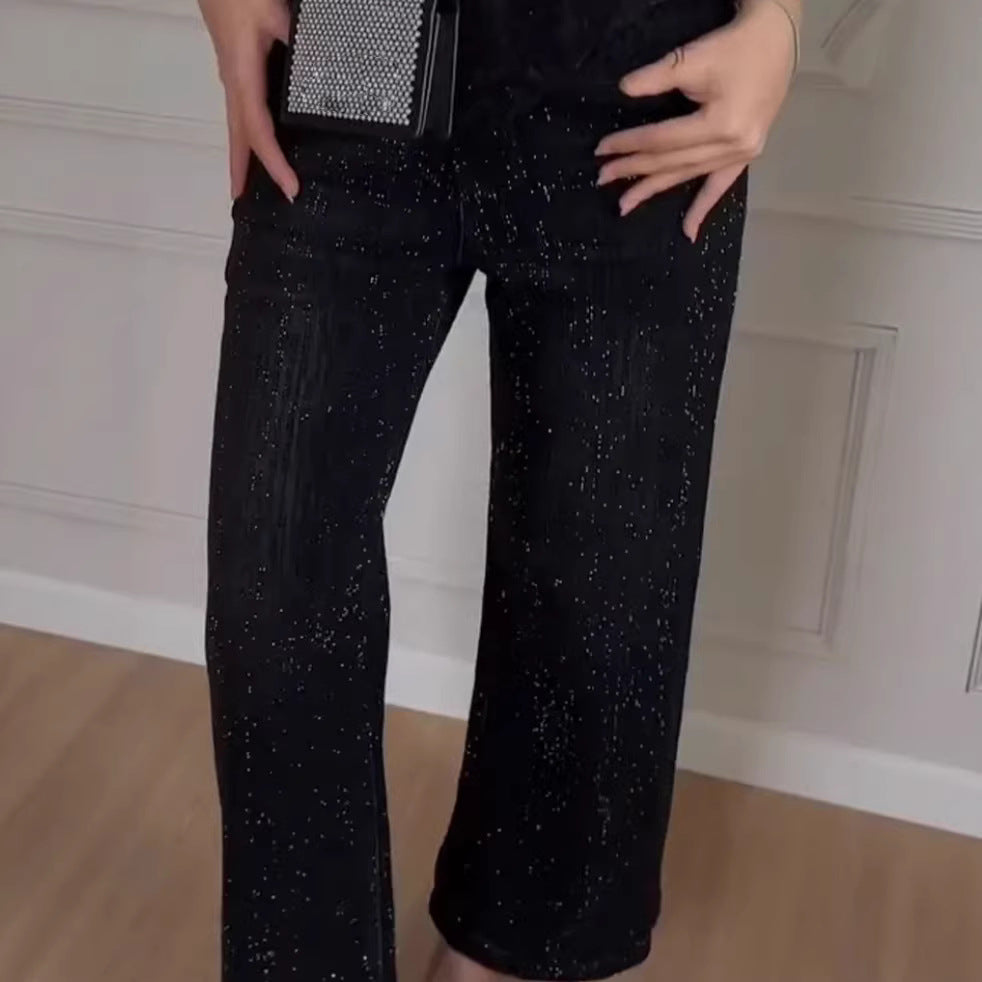 Damen Glitzer Jeans Weit Geschnitten Elegant Blau