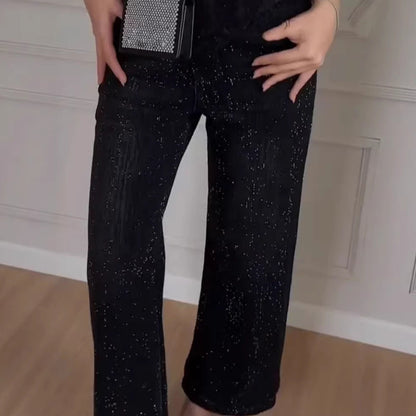 Damen Glitzer Jeans Weit Geschnitten Elegant Blau