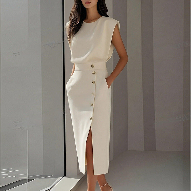 Damen Elegantes Midi-Kleid Knöpfe Seitenschlitz Eveloria