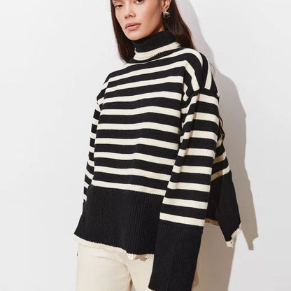Damen Pullover Grobgestrickt Breton-Streifen Hochkragen Beige