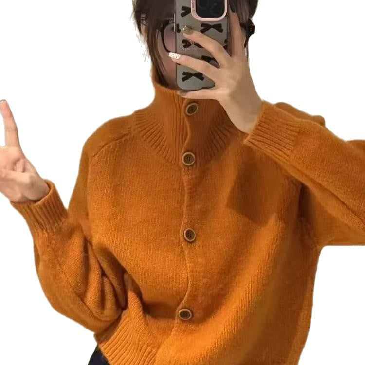 Damen Strickjacke Hochkragen Knopfdesign