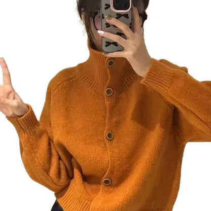 Damen Strickjacke Hochkragen Knopfdesign