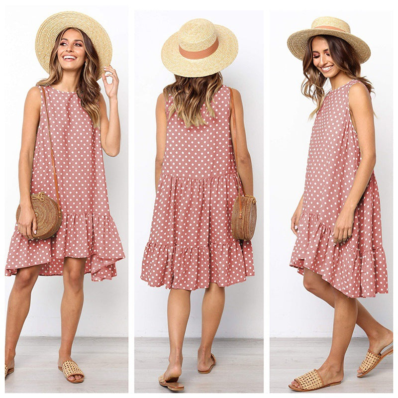 Damen A-Linien Kleid mit Rüschensaum und Punkten Sommerlich Eveloria