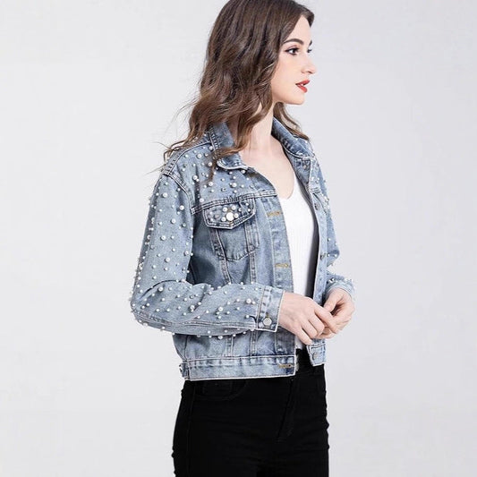 Damen Denimjacke Perlenverzierungen Blau Eveloria - Eveloria