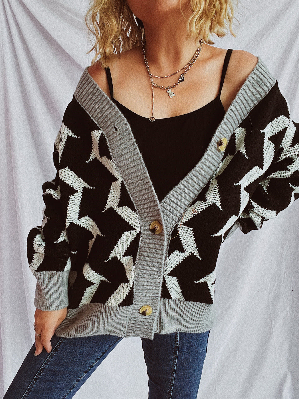 Eveloria Damen Strickjacke Geometrisches Muster Elegante Knöpfe