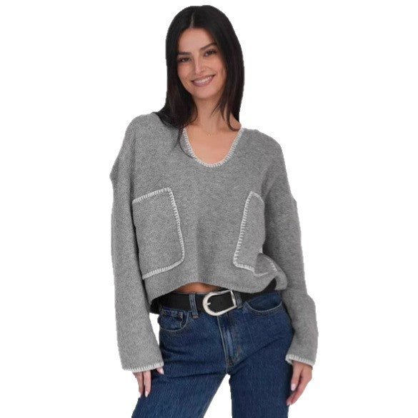 Damen Cropped Pullover Asymmetrisch mit Taschen Eveloria