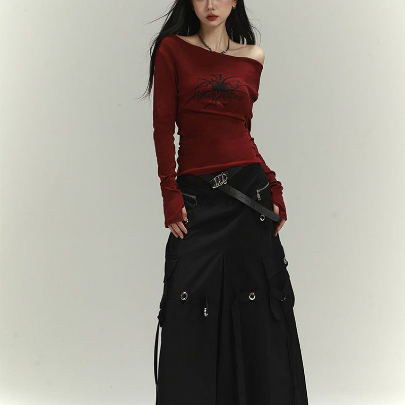 Damen Langarmshirt Asymmetrischer Ausschnitt Grafikdruck Eveloria