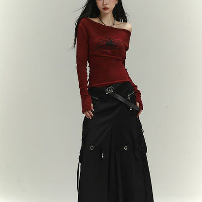 Damen Langarmshirt Asymmetrischer Ausschnitt Grafikdruck Eveloria