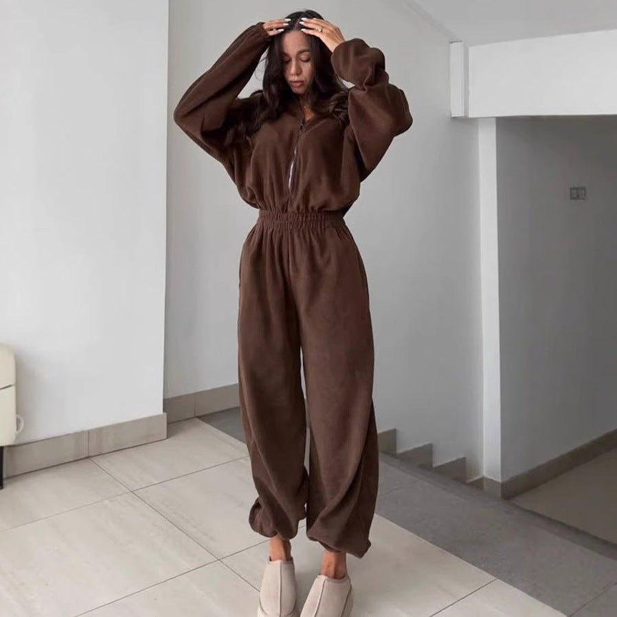Damen Fleece-Jumpsuit Oversized Stehkragen Elastisch Schwarz Eveloria - Eveloria