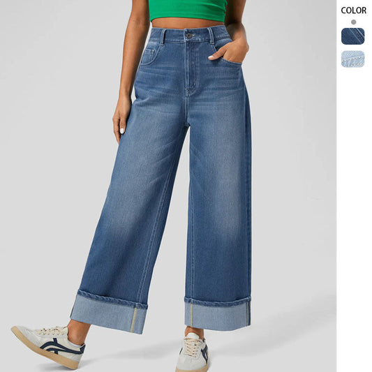 Damen Weite Denim-Hose Umschlag-Saum Blau Eveloria - Eveloria