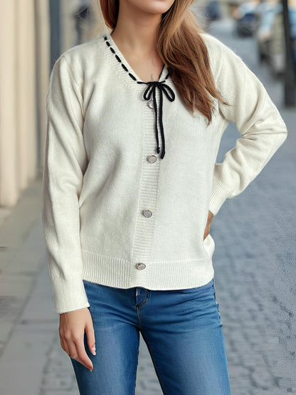 Damen Strickjacke Dekorative Knöpfe Kordelzug Beige