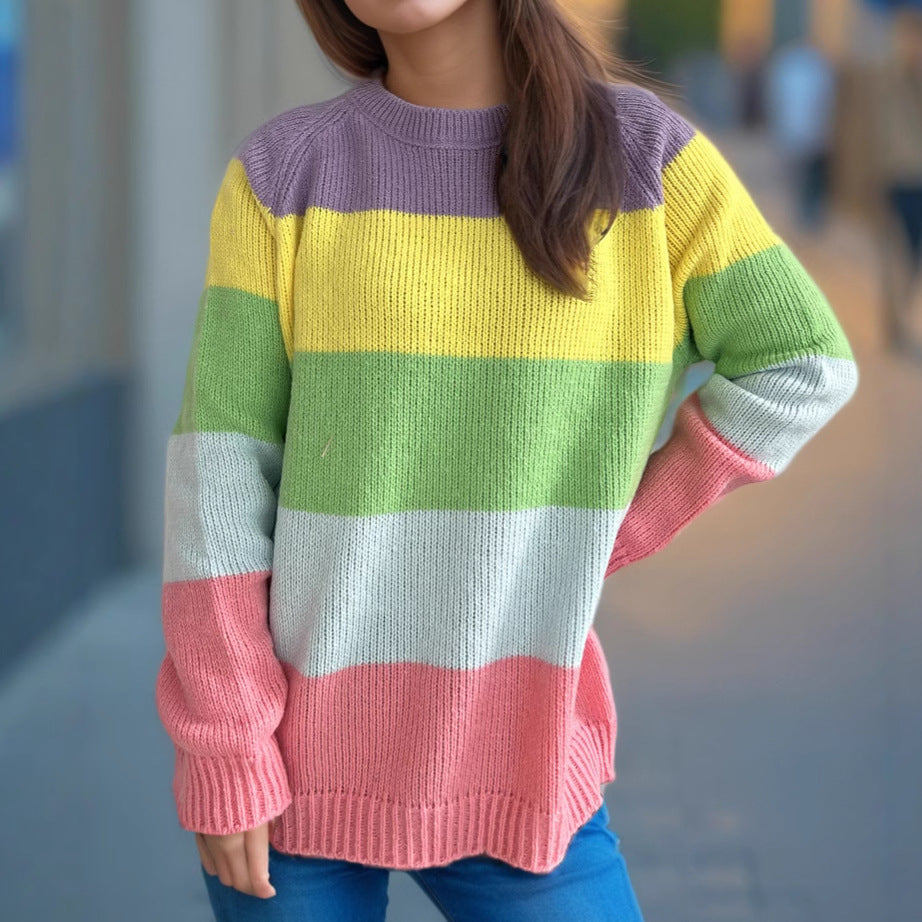Damen Strickpullover Gestreift Bunt Lässig