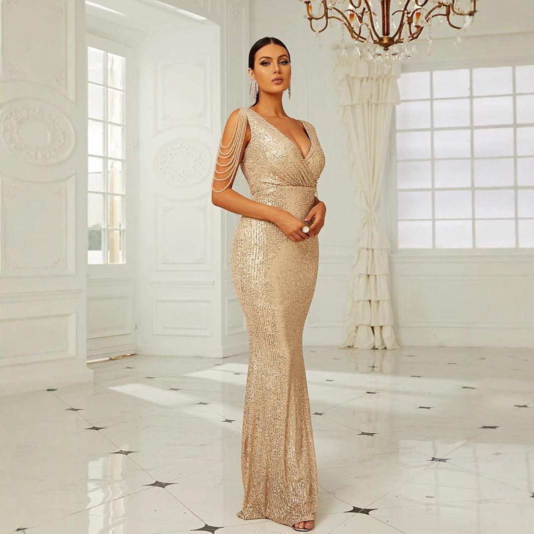 Damen Abendkleid mit Pailletten Schulterfrei Eveloria