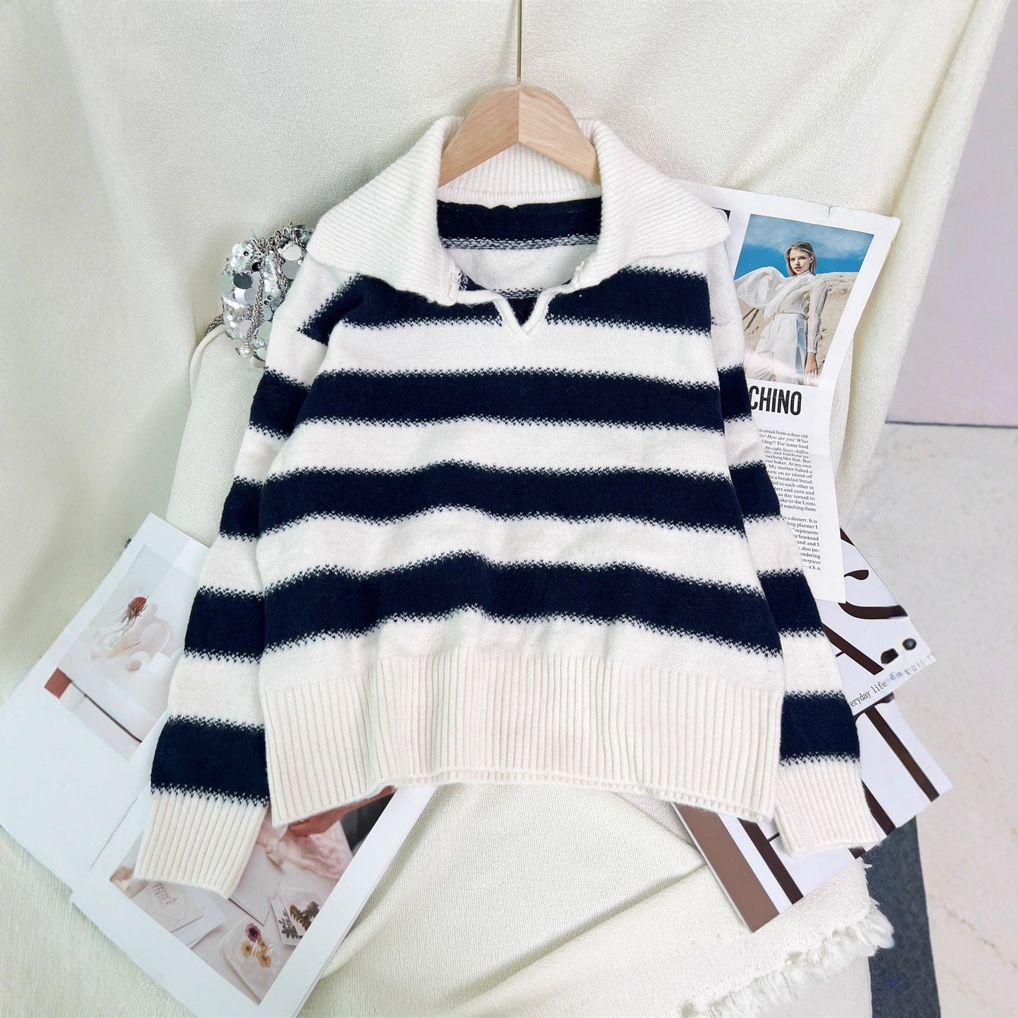Damen Pullover Gestreift Elastischer Bund Moderner Polokragen