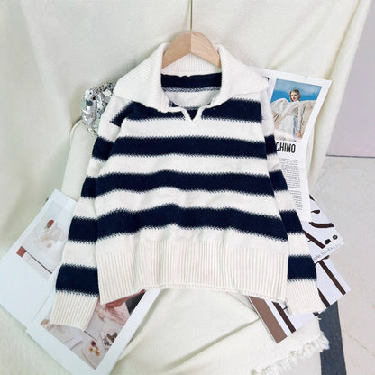 Damen Pullover Gestreift Elastischer Bund Moderner Polokragen