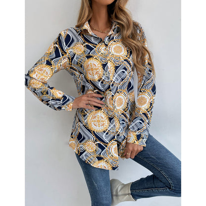Damen Bluse Langarm Geblümt Knöpfer Kragen Eveloria
