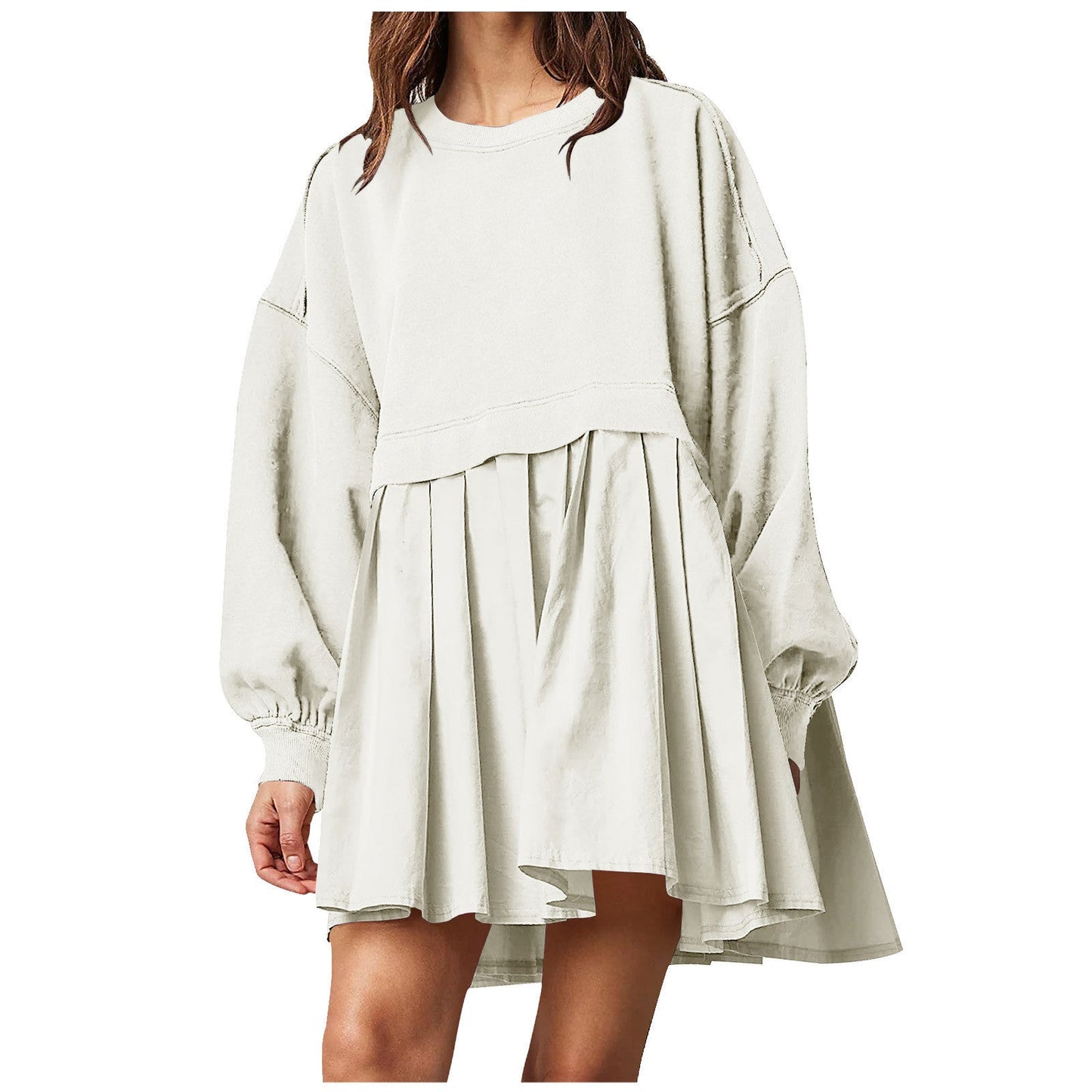 Damen Oversized Sweatshirtkleid Plissee-Rock Rundhals Bischofsärmel