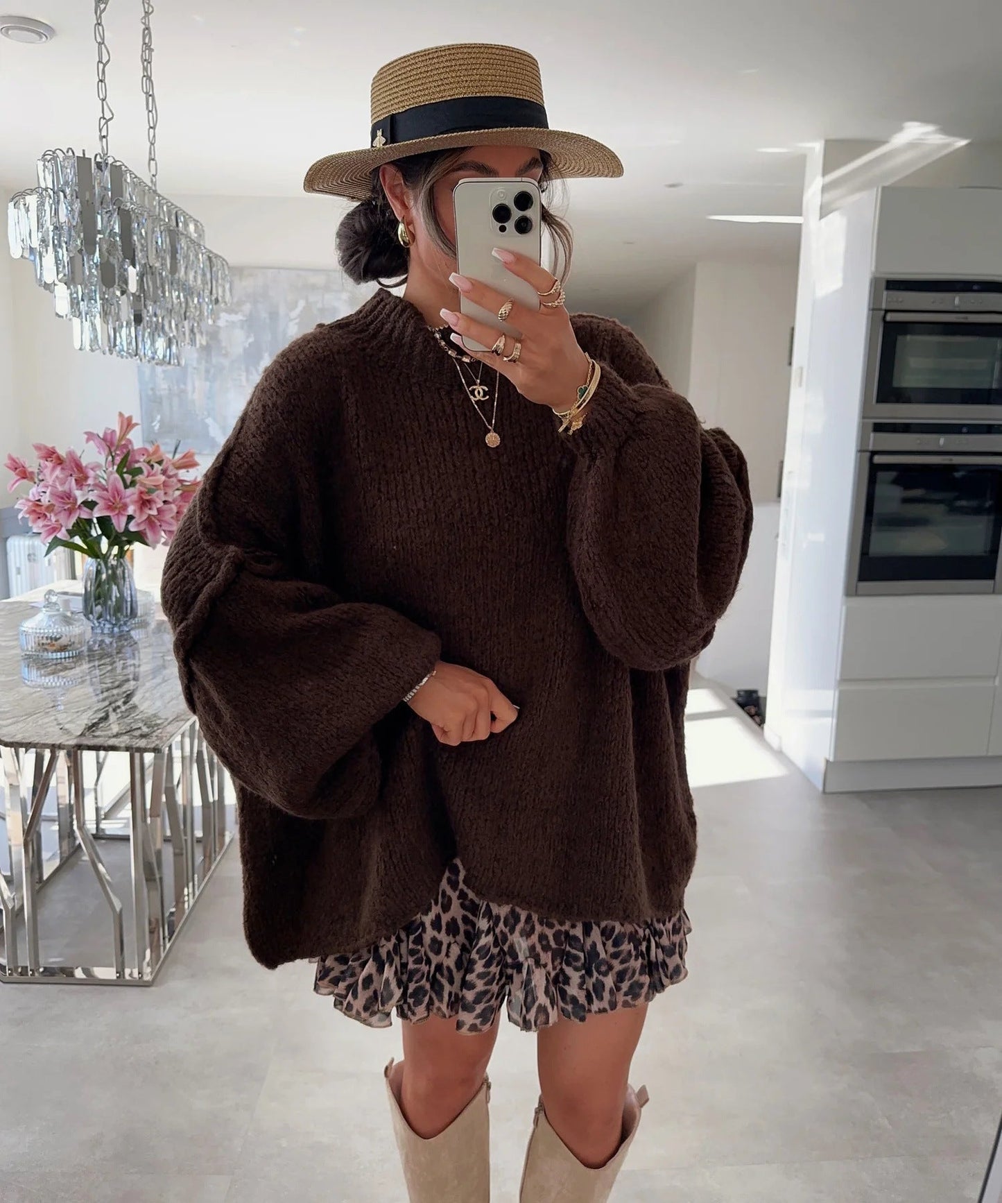 Damen Oversized Strickpullover Hoher Kragen Ballonärmel Eveloria