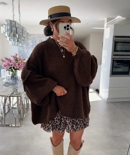 Damen Oversized Strickpullover Hoher Kragen Ballonärmel Eveloria