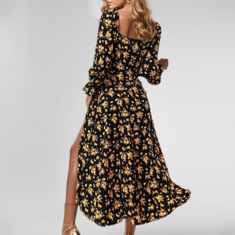 Damen Midi-Kleid Blumenmuster Hochschlitz