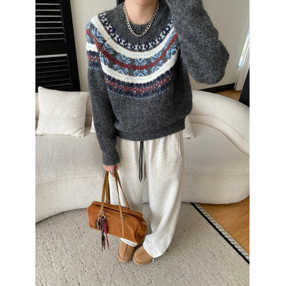 Damen Grobstrickpullover Lebendiges Muster Weite Ärmel