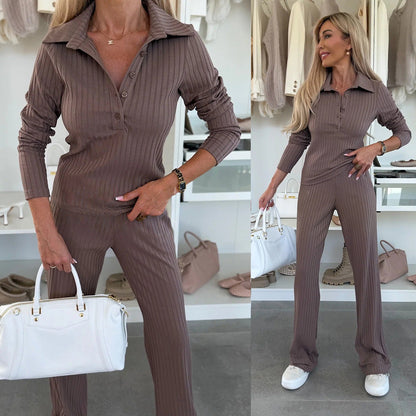 Damen Strickanzug Polo Kragen Elastisch Grau