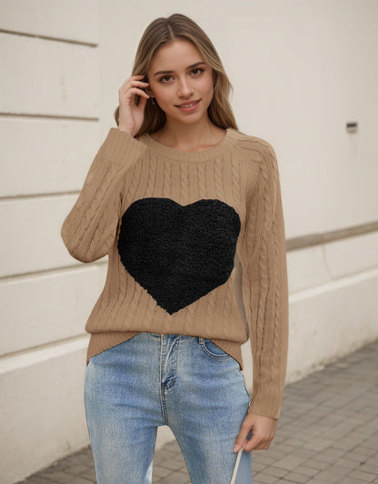 Damen Strickpullover Luftige Maschenstruktur Herz-Applikation