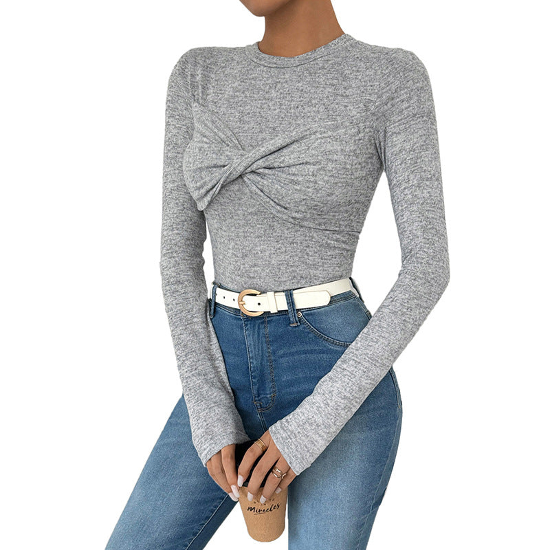 Damen Langarmshirt Asymmetrischer Knoten Look Baumwolle Weiße Farbe