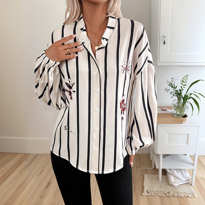 Damen Bluse Streifen Stickerei Puffärmel Elegante Bluse