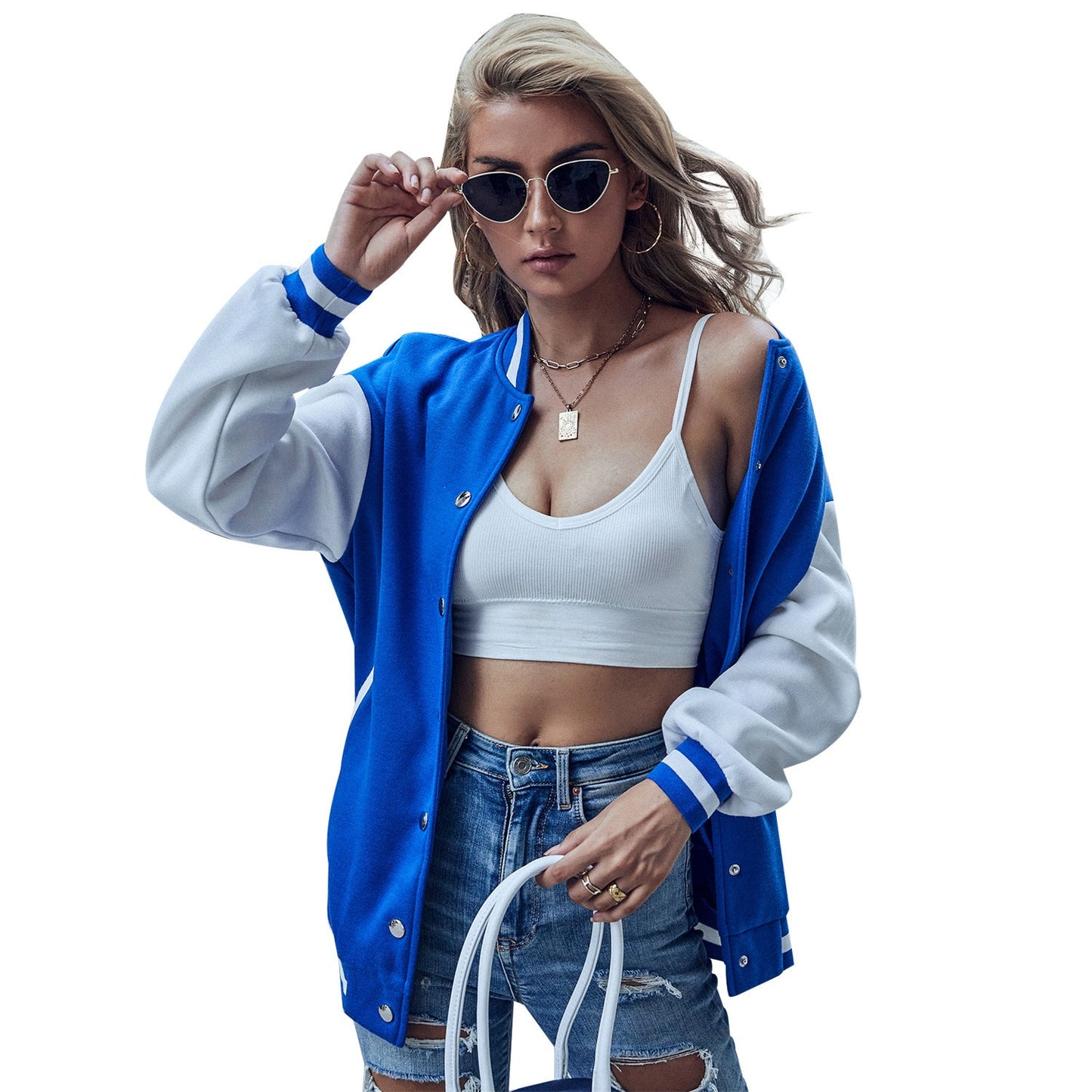Damen Baseballjacke Kontrastärmel Druckknopfverschluss Eveloria