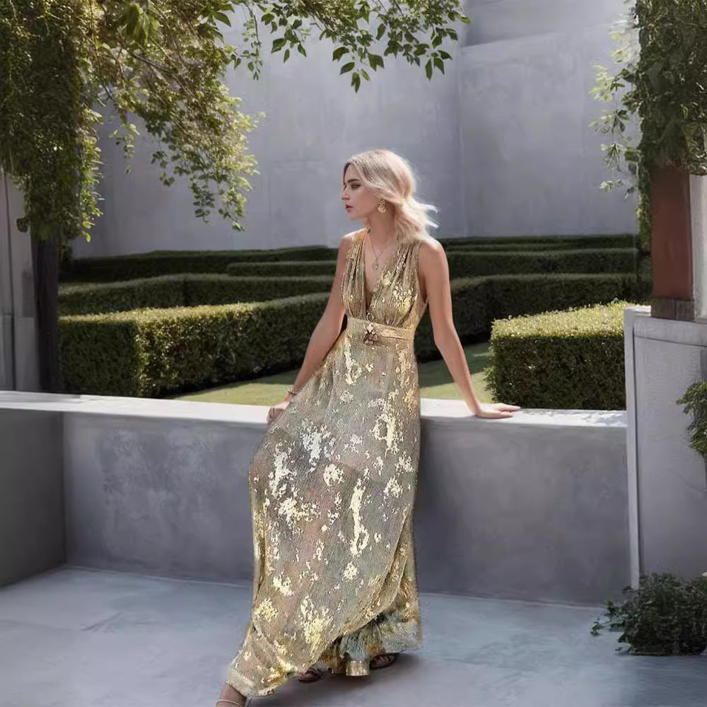 Damen Maxi-Kleid Hippie-Stil Baumwolle Gold Blütenmuster