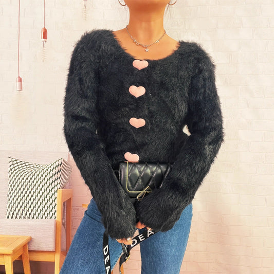 Damen Cardigan Flauschig Herzknöpfe Rosa - Eveloria