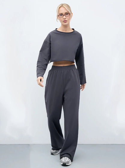 Damen Sweatshirt Set Komfortabel Cropped mit Jogginghose Grau