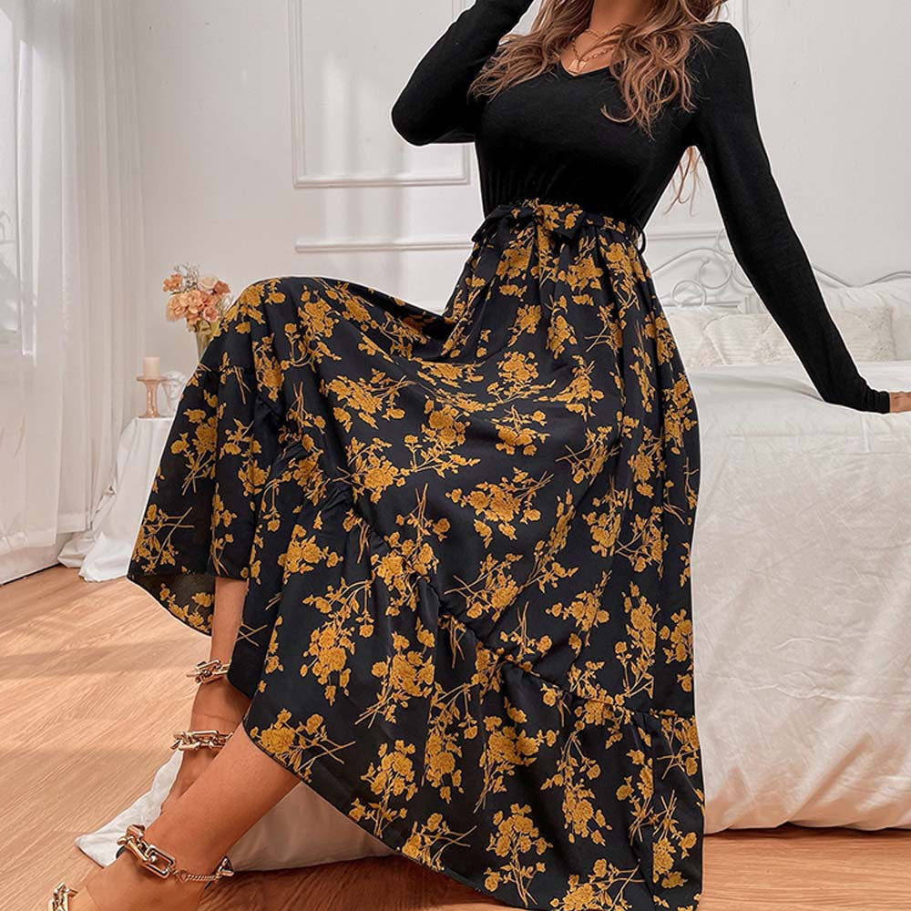 Damen Maxikleid V-Ausschnitt Floralmuster
