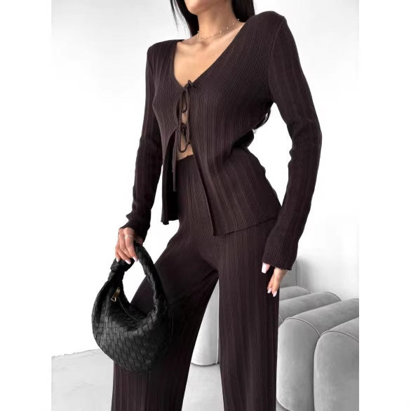 Damen Stricktop V-Ausschnitt Kordelzug - Eveloria