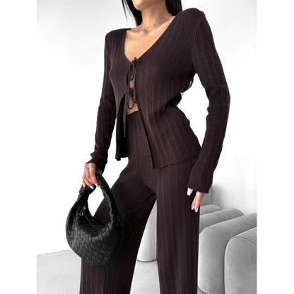 Damen Stricktop V-Ausschnitt Kordelzug - Eveloria