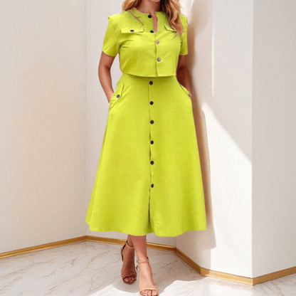 Damen Midi Kleid Knöpfbarem Oberteil Taillierte Silhouette