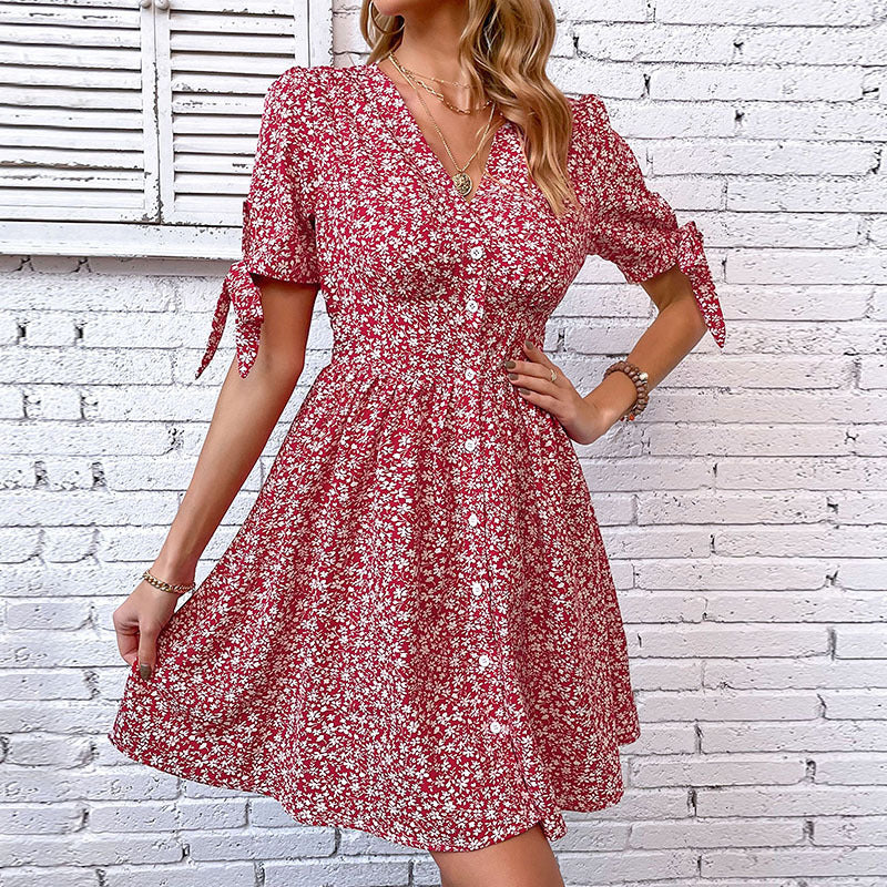 Damen Sommerkleid Blumenmuster Rüschen Details Rosa - Eveloria