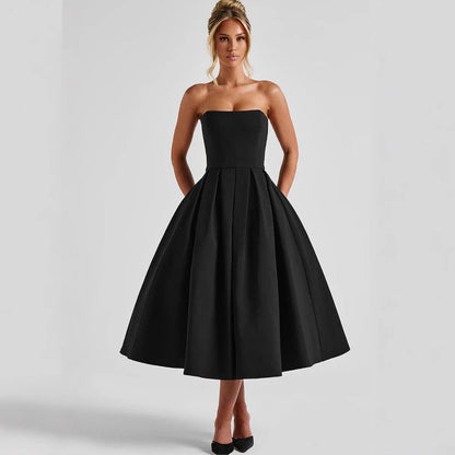 Damen Abendkleid A-Linie tiefes Dekolleté Plissee Eveloria