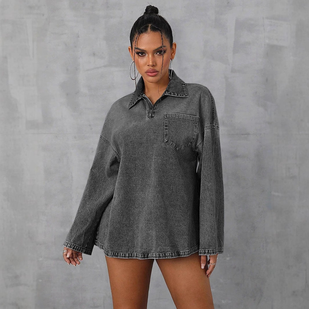 Damen Oversized Denimbluse Lässiger Kragen Blau - Eveloria
