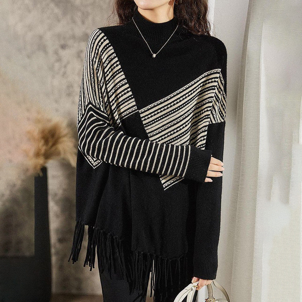 Damen Strickpullover Geometrisches Muster Fransen