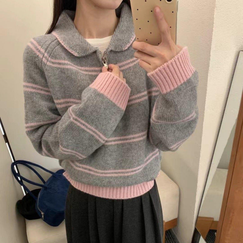 Damen Strickpullover Halbreißverschluss Gestreift Eveloria