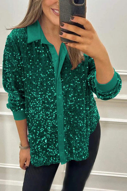 Damen Paillettenbluse Klassischer Kragen Glitzer Effekt