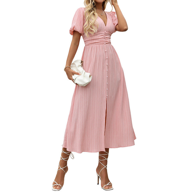 Damen Maxikleid V-Ausschnitt Knöpfe Eveloria
