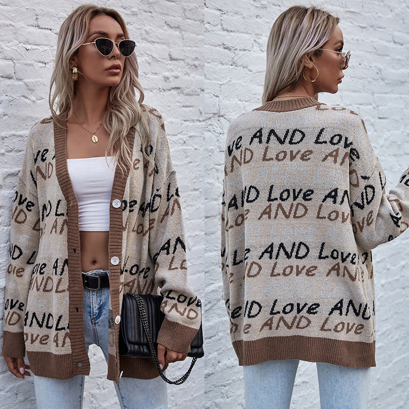 Damen Strickjacke Lässiger Schnitt Mit Schriftzug Beige