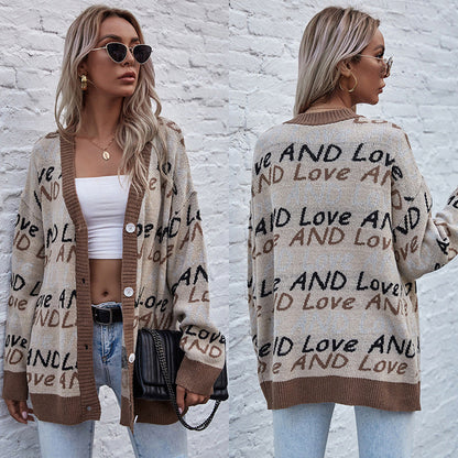 Damen Strickjacke Lässiger Schnitt Mit Schriftzug Beige